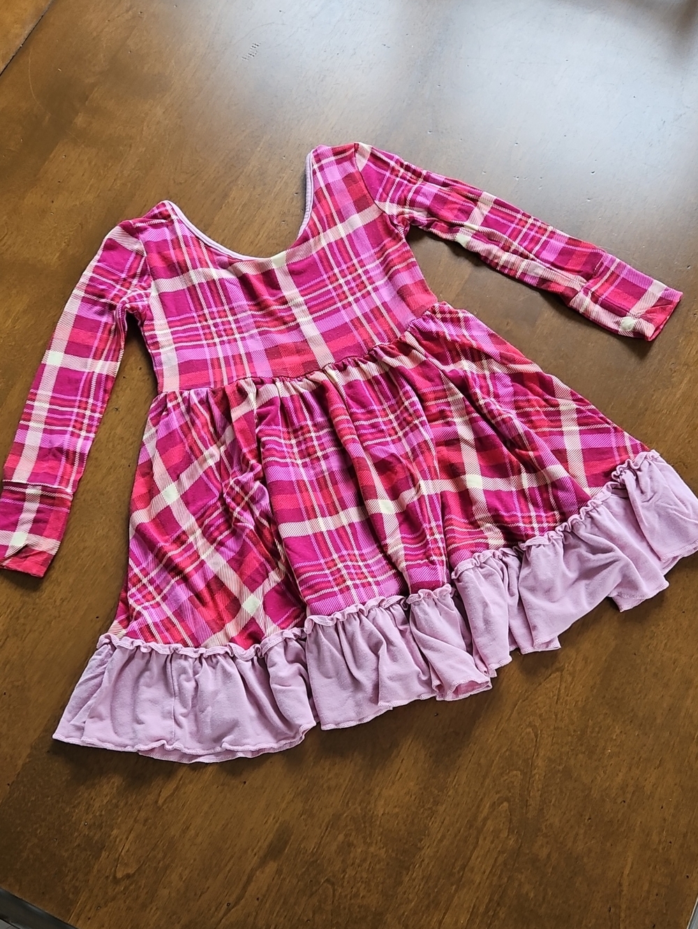 Little Bum Bums Girls Pink Plaid Long-Sleeve Ruffle Hem Dress